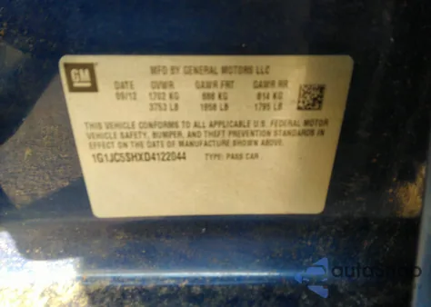 2013 Chevrolet Sonic Lt Auto from USA, damaged, VIN 1G1JC5SHXD4122044